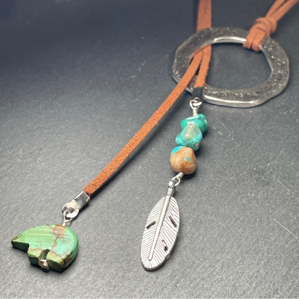 Turquoise Feather Pendant Lariat Necklace - Picture 3 of 7